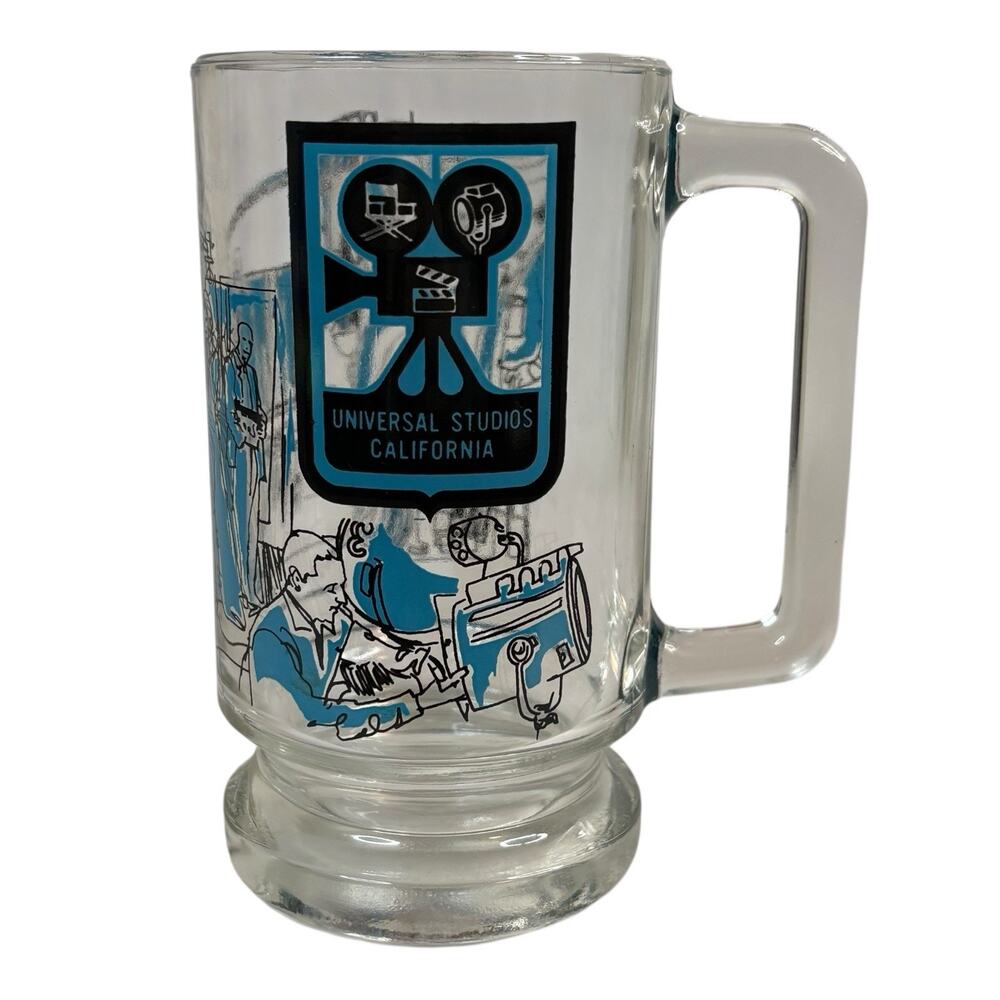 VTG 1970s Universal Studios California 6" Heavy Beer Mug Drink Glass Blue Black